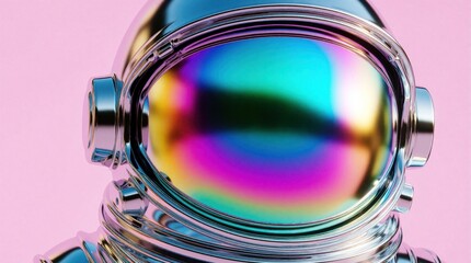 Fototapeta premium Futuristic chrome astronaut helmet with rainbow iridescent visor. Colorful cosmic headgear glows with neon pink purple, blue light. Modern 3D render of space exploration gear on bright pink