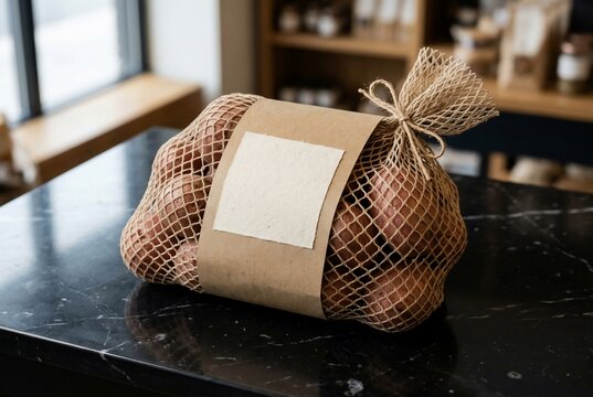 Sustainable packaging for organic potatoes in a mesh bag with blank label on a black marble counter in a modern grocery store.