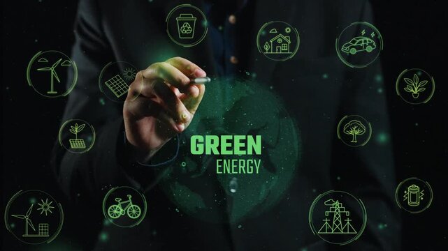 Visual representation of green energy concepts with icons illustrating renewable sources and sustainability efforts on a black background for eco-friendly themes. Cipher