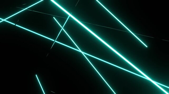Abstract cyan neon lines and glowing laser beams intersecting against a dark black background for futuristic technology concept