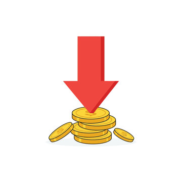 Financial Market Crash and Economic Downturn Concept, Red Arrow Pointing Down on Stack of Gold Dollar Coins, Inflation and Loss of Value Illustration
