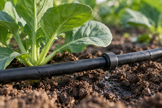 Water droplet forming at a drip irrigation outlet beside a plant
