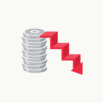 Financial Loss and Market Crash Isometric Illustration: Stack of Coins with Red Downward Arrow Representing Economic Recession, Inflation, and Business Failure
