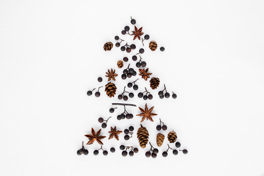 Minimalist flat lay composition of a Christmas tree silhouette formed by dried star anise, pinecones, twigs, and small black berries arranged on a white background
