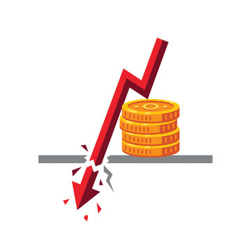 Financial Crisis Concept Vector: Red Arrow Breaking Support Level with Gold Coins Illustrating Stock Market Crash and Economic Recession