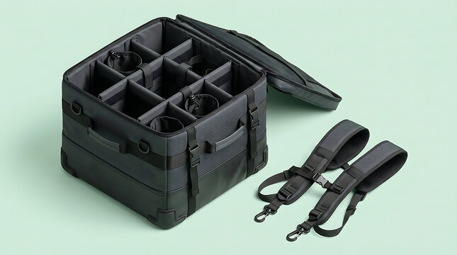 Open dark gray soft-sided carrying case with multiple compartments and two detachable shoulder straps on a light green background