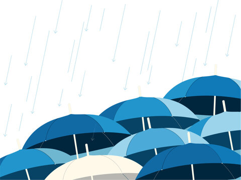 Blue umbrella in rain vector illustration, stand out from crowd concept with single white parasol element