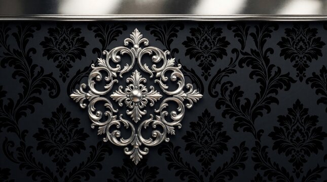 Luxury silver ornamental emblem on black damask wallpaper. Metallic baroque decoration with intricate filigree patterns. Elegant dark background for premium branding royal style interior design.