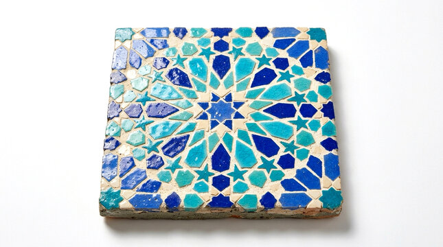Ceramic mosaic tile featuring a traditional blue geometric pattern sits on a plain transparent background.