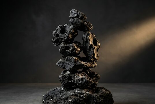 Abstract black volcanic stones stack in balance on dark background with light beam