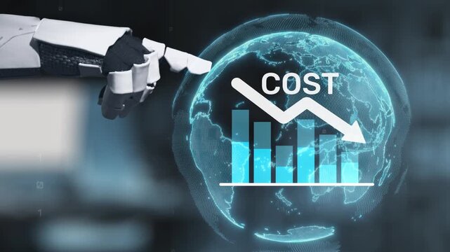 A futuristic image showcasing a robot finger pointing at a global cost reduction graph with a declining trend, symbolizing advanced analytics and automation in business strategy. Salient
