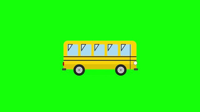 Yellow School Bus Cartoon Driving Animation Loop, 2D Vector Transport Vehicle Isolated on Green Screen Background, Side View Motion Graphic for Kids Education