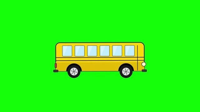 Yellow School Bus Cartoon Driving Animation Loop, 2D Vector Transport Vehicle Isolated on Green Screen Background, Side View Motion Graphic for Kids Education