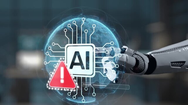 A robotic hand interacts with a dynamic artificial intelligence interface, symbolizing innovation and communication in modern technology with visual elements representing data and alerts. Salient