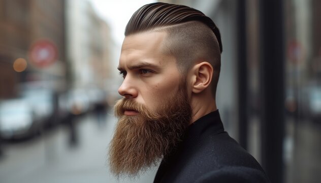 A stylish man with a slicked-back undercut hairstyle and a full beard gazes thoughtfully in an urban setting.