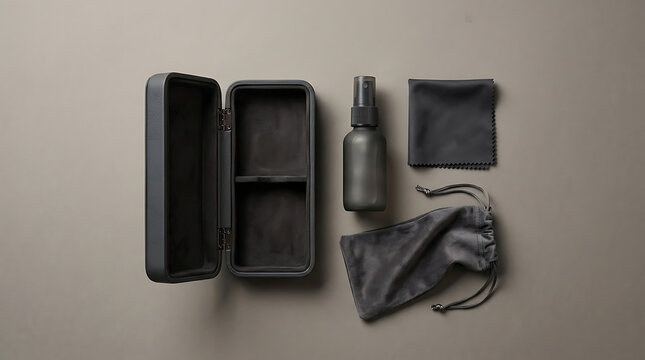 Dark gray travel kit for eyewear or electronics, open case, cleaning spray bottle, microfiber cloth, and soft pouch, flat lay against a beige background
