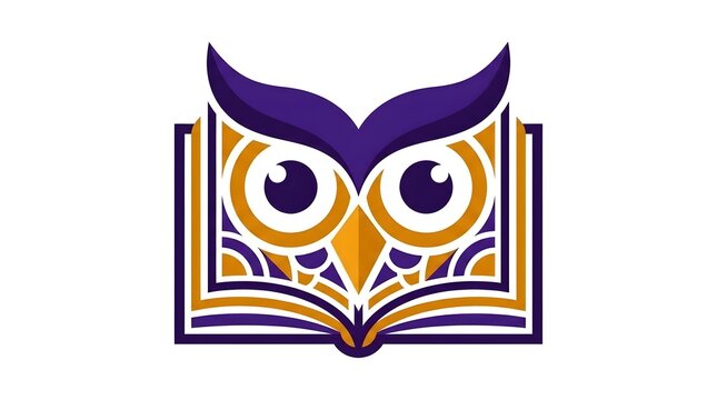 Stylized purple and gold owl face logo design integrated with an open book symbol for education learning and academic wisdom