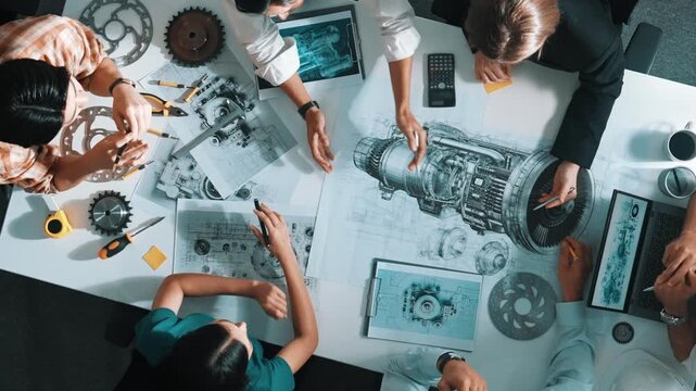 Top down aerial view of smart engineer team working together to design turbine engine. Professional technician discussing about jet engine construction while pointing at part of engine. Alimentation.