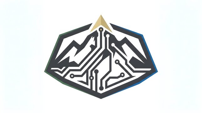 Futuristic mountain landscape logo with digital circuit board patterns and a golden directional arrow pointing upward