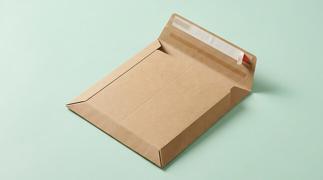 Open kraft paper envelope with adhesive strip and red tear tab on a light teal background, ready for mailing documents or small