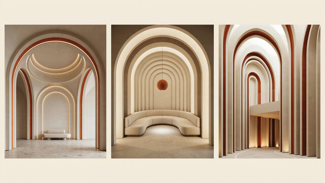 A triptych of interior spaces featuring repetitive arched corridors, warm terracotta accents, soft lighting, and curved built-in seating areas