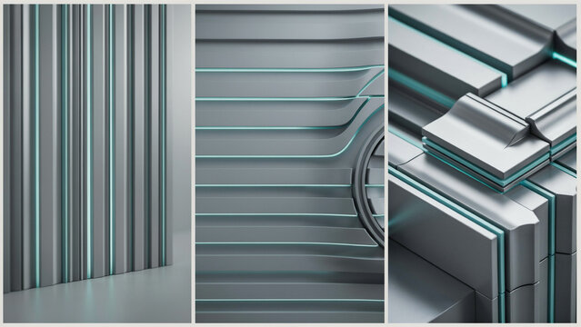 Abstract architectural wall panels featuring vertical metallic slats and horizontal layered grooves with glowing cyan light strips in between layers