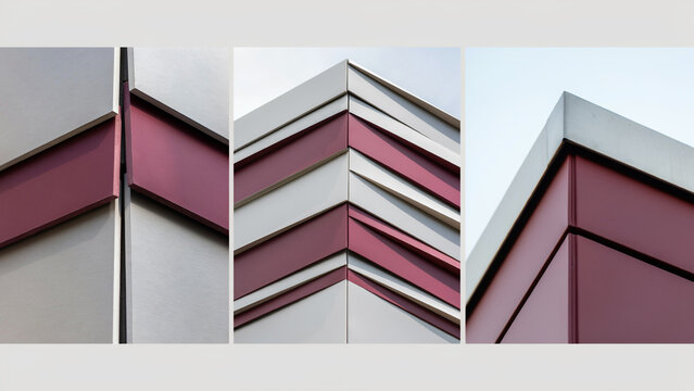 Architectural close-up of a building facade featuring overlapping silver metal panels with horizontal dark red accent stripes and sharp corner edges