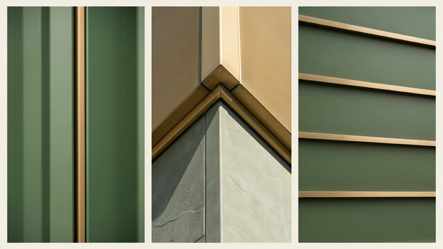 Architectural detail of a building exterior with sage green panels and thin bronze metal trim, featuring a sharp corner and horizontal lines