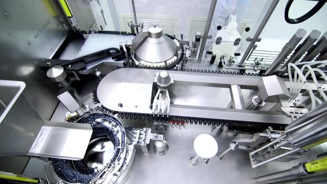 Modern pharmaceutical manufacturing line white tablets automated pill production on sterile stainless steel conveyor, precision sensors in clean modern factory quality control, healthcare technology