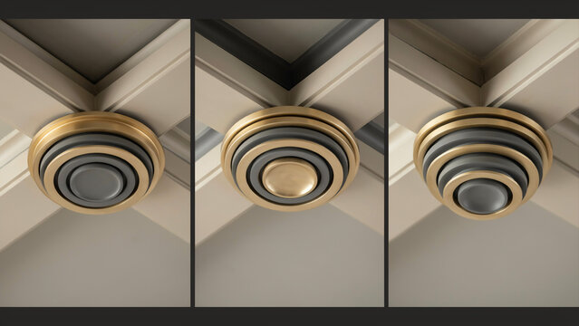 Close-up of a circular ceiling vent with concentric rings in brass and grey, mounted on a white paneled ceiling structure, architectural detail