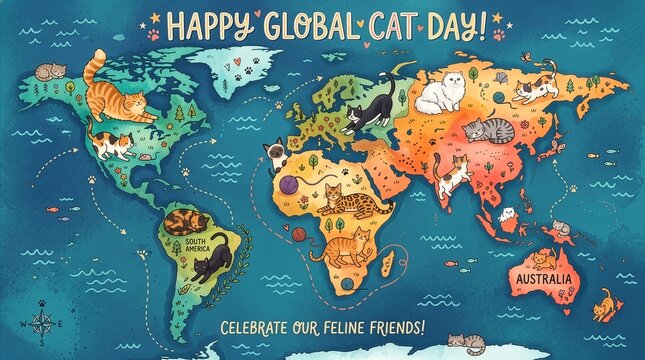 Illustrated world map with cute cats of different breeds lounging on every continent, whimsical cat lover concept in teal and orange