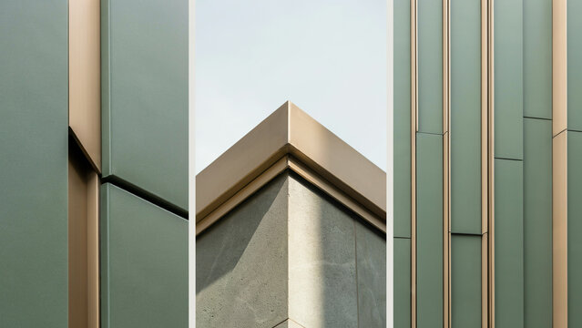 Exterior building facade detail showing sage green rectangular panels with thin bronze metal strips and a sharp corner edge against a clear sky
