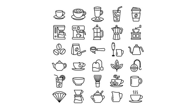 Coffee and Tea Line Web Icons Set Editable Outline Vector Collection