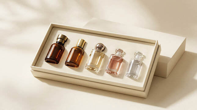 Set of five small perfume bottles with amber, clear, and pinkish liquids arranged in a rectangular beige box with a white lid, fragrance sampler, perfume set, miniature bottles, luxury gift, beauty