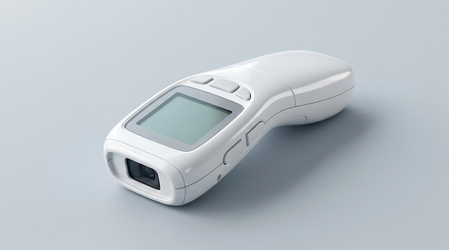 White non-contact infrared thermometer with a digital display screen and buttons on a gray background, medical device, temperature measurement, fever detection, health monitor, digital thermometer