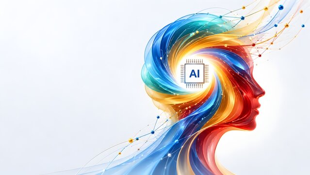 Colorful abstract human head profile composed of digital waves with central artificial intelligence microchip representing machine learning and futuristic creative thinking