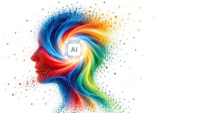 Disintegrating colorful human head profile formed by digital particles with an artificial intelligence processor symbolizing deep learning and data transformation