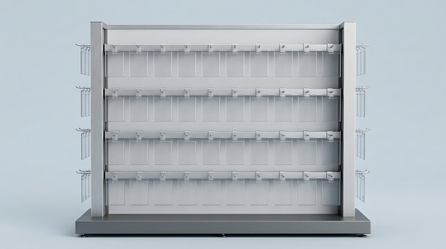 Empty silver and white retail display shelf unit with multiple rows of hooks and clear plastic dividers, against a light blue background