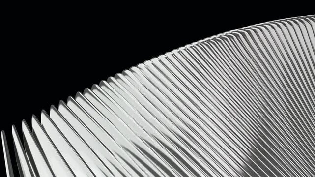 Polished chrome ribbed sculpture twisting in waves on black