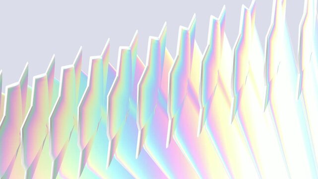 Iridescent holographic panels fanning out and folding in pastel light