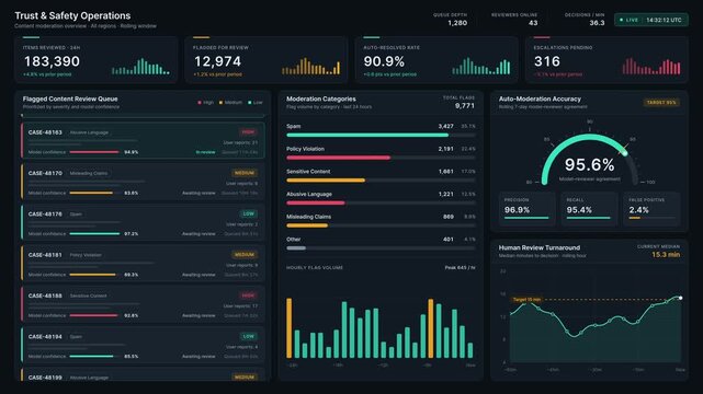 Digital dashboard interface showing trust and safety operations with