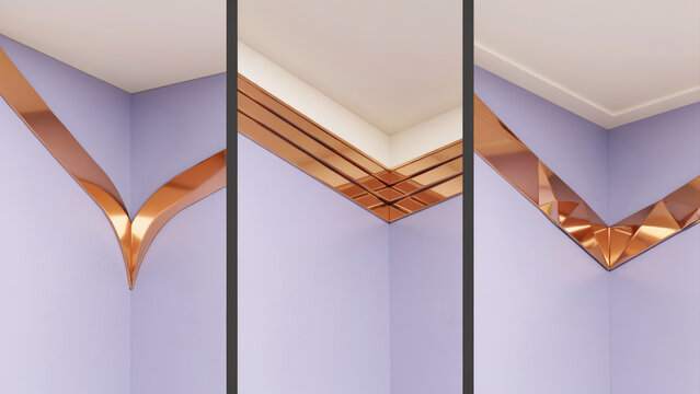 Soft lavender interior walls with geometric copper metal trim accents, creating sharp angular lines and reflective surfaces in a corner setting