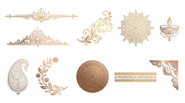 Set of golden indian traditional decorative elements, lotus, mandala, paisley, diya lamp and floral borders isolated on transparent background