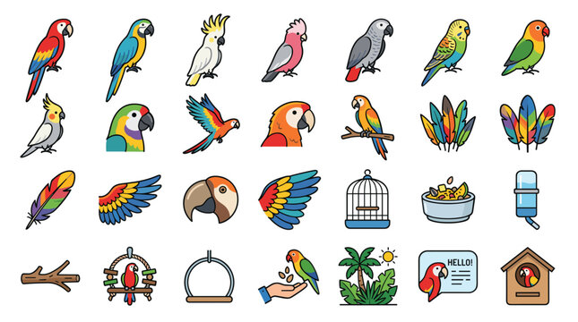 Set of colorful parrot icons