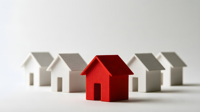 Standout Property: A singular red house model stands prominently in front of a row of white house models, symbolizing uniqueness and individual selection.