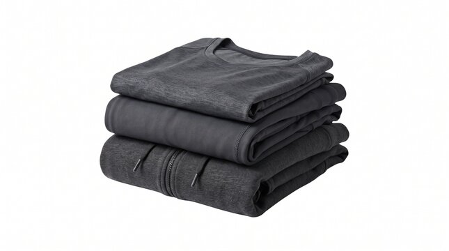 Stack of folded dark grey athletic apparel including a t-shirt, long sleeve shirt, and hooded jacket on a white background white background