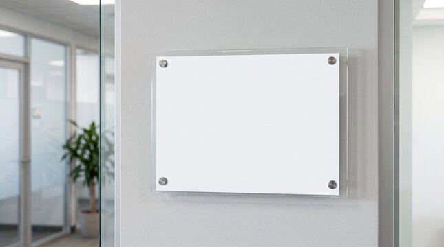 Blank White Acrylic Sign Board Mockup for Company Logo Display in Modern Office