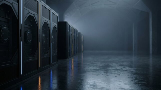 Secure Data Center Server Racks in Dark Modern Technology Facility