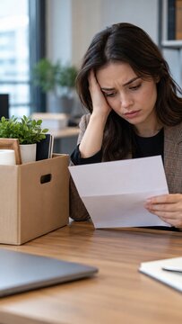 Vertical Upset businesswoman reading layoff notice, packing belongings