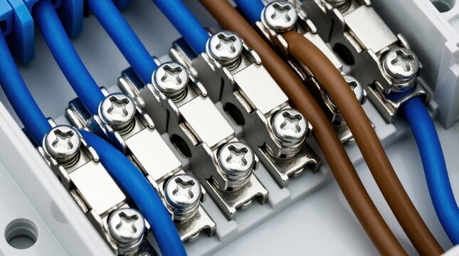 Close up view of electrical wiring inside junction box. Blue, brown cables connect to metal terminal blocks with screws. Professional electrician installation shows organized power distribution
